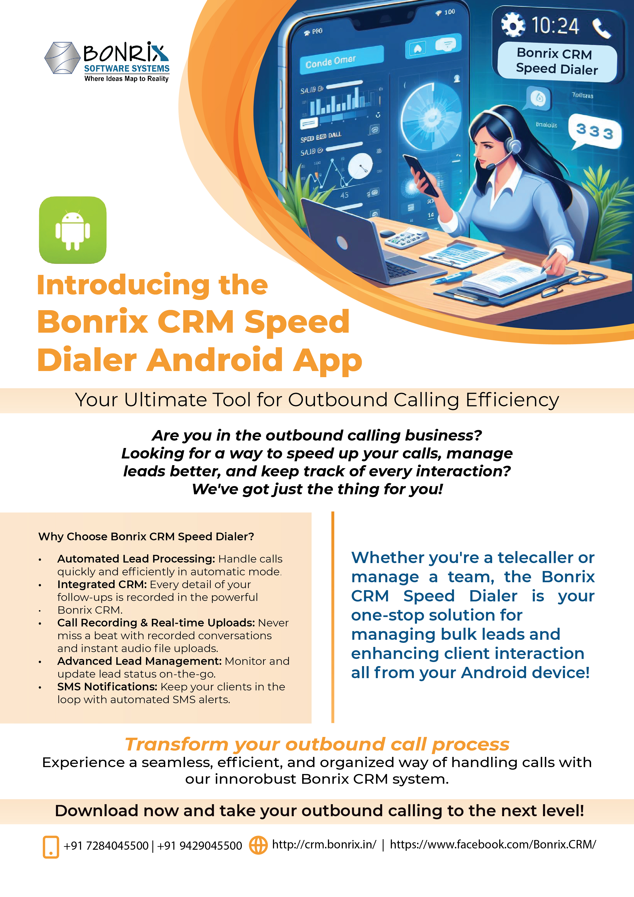 Bonrix CRM Speed Dialer Android app interface for efficient outbound calling with cloud-based support